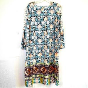 Tacera Multi Colored Plus Size 2XL 3/4 Sleeve Crew Neck Lightweight Dress